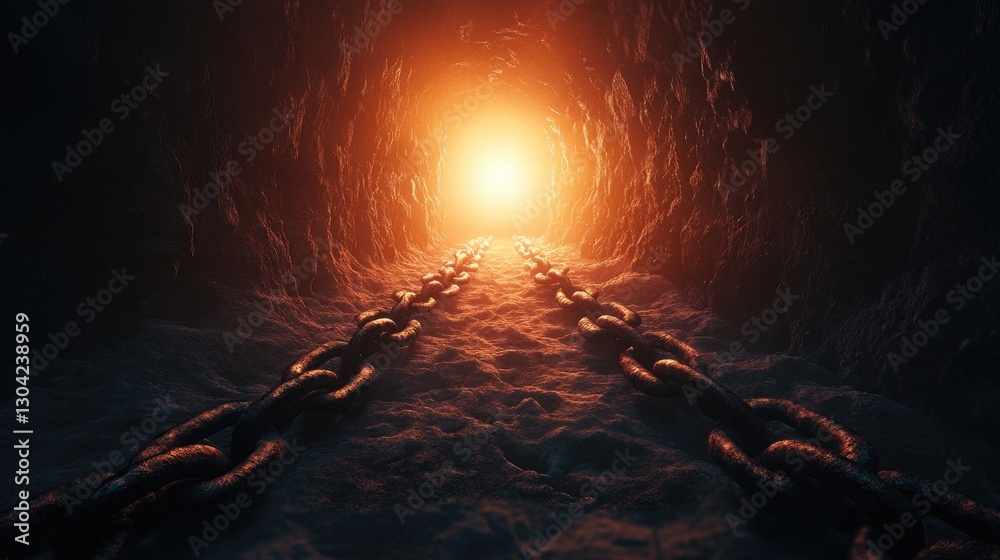 Poster Dark, rusted chains in a dungeon lead the way to a glowing light, symbolizing the path from darkness to enlightenment and freedom.