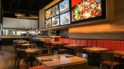 Digital signage screens illuminate the stylish interior of a modern restaurant, showcasing menus, specials, and vibrant promotions in a high-tech dining space.