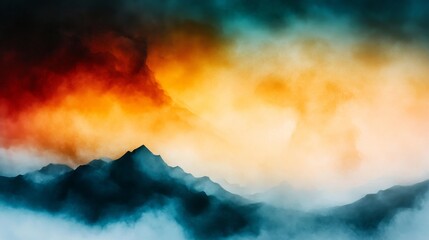 Abstract landscape with vibrant color showcasing mountain and a dramatic sky at sunset