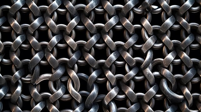 A metallic chainmail weaving pattern with overlapping silver and black rings
