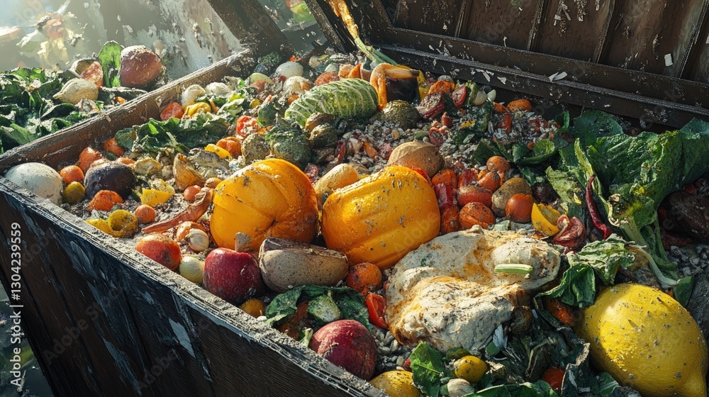 Poster freshly prepared food, still in perfect condition, discarded in a dumpster, rendered through generat