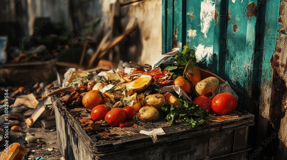 Poster freshly prepared food, still in perfect condition, discarded in a dumpster, rendered through generat