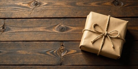 Naklejka premium Rustic Brown Gift Wrapped in Simple Packaging with a Natural Twine Bow on Dark Wooden Surface