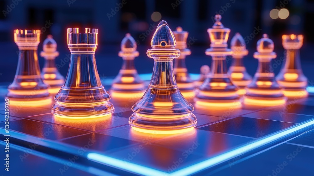 Poster futuristic chess pieces, illuminated and arranged on a sleek, modern chessboard, reflecting cutting-