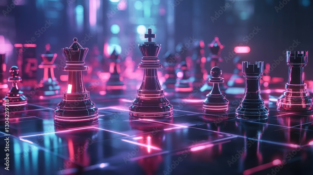 Aufkleber futuristic chess pieces, lit by ambient light, standing on a high-tech chessboard, creating a visual