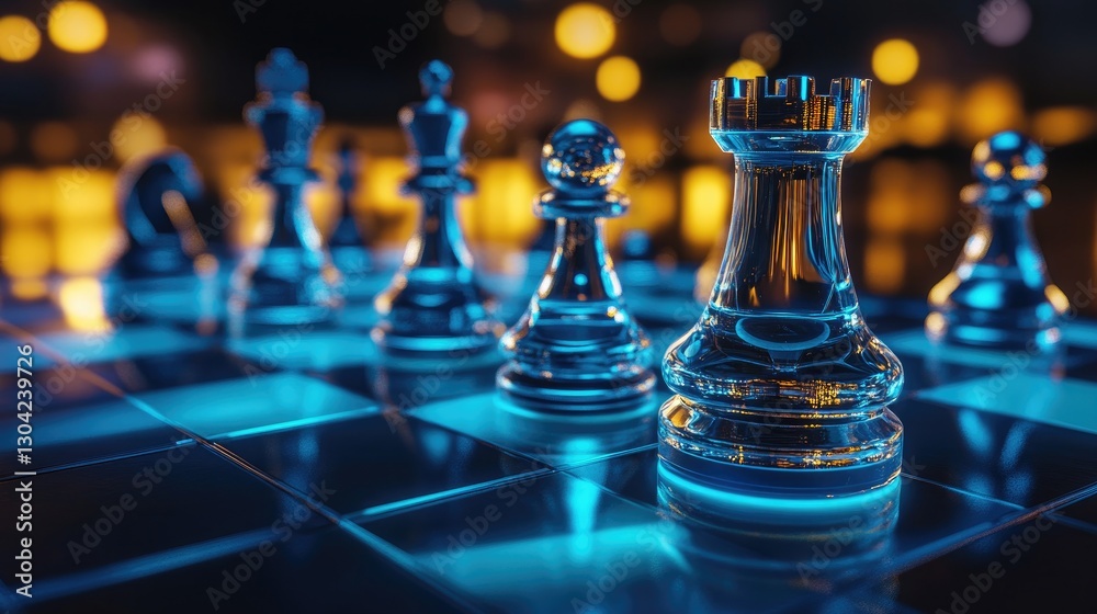 Aufkleber futuristic chess pieces, illuminated and arranged on a sleek, modern chessboard, reflecting cutting-
