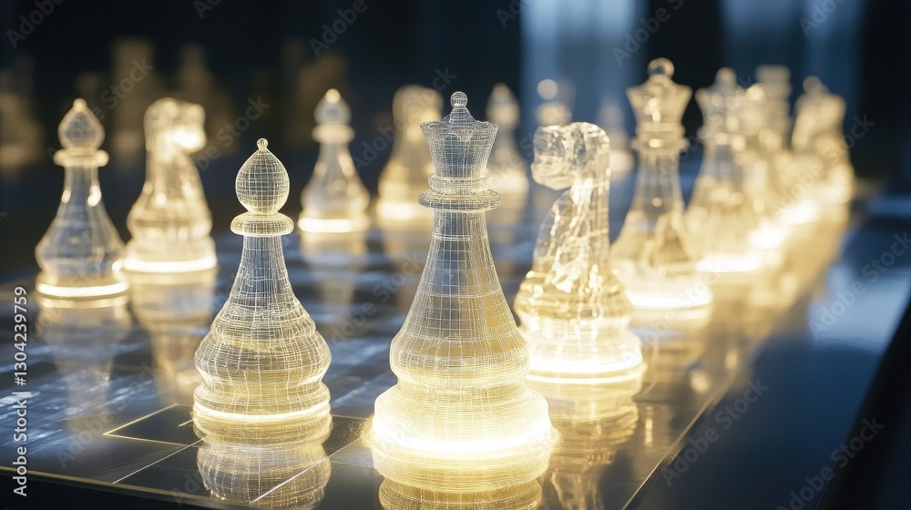 Poster futuristic chess pieces, lit by ambient light, standing on a high-tech chessboard, creating a visual