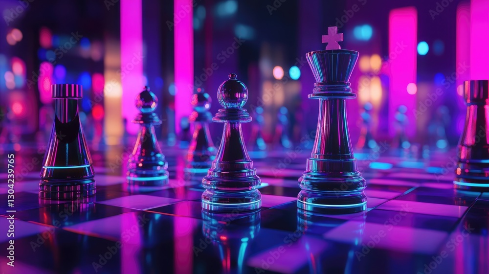 Poster Futuristic chess pieces, lit by ambient light, standing on a high-tech chessboard, creating a visually striking and contemporary atmosphere for strategic gameplay