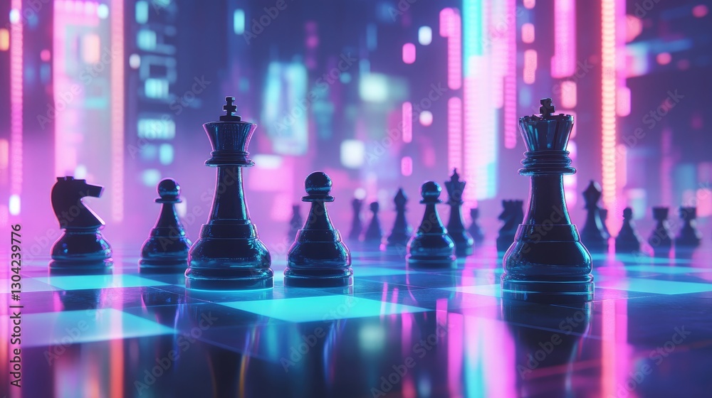 Poster futuristic chess pieces, lit by ambient light, standing on a high-tech chessboard, creating a visual