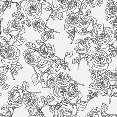 Fototapeta premium Sketchy seamless black and white floral pattern with roses. Good for textile design web, print or wrapping paper. Outline monochrome doodle flowers