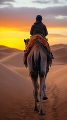 Man riding a camel in the desert at sunset, golden sand dunes with warm light, tranquil desert landscape, concept of adventure travel, cultural experiences

