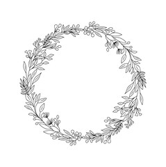 Hand drawn wild flowers, eucalyptus leaves wreath line art vector illustration isolated on white background. Circle trendy greenery frame in black ink sketch style. Elegant wedding invitation design. 