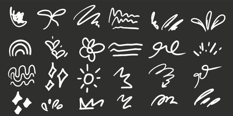 Kids line doodle scribble vector features scribble, stars, arrows, flowers, hearts, waves, spirals, rainbow, sun. Black and white board 