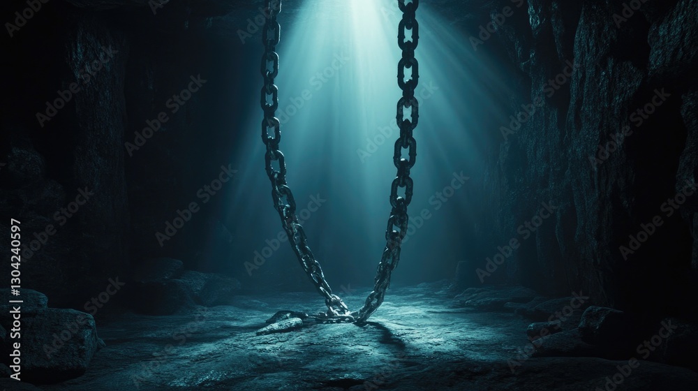 Poster in a dimly lit dungeon, chains stretch toward a shaft of light, creating a dramatic representation o