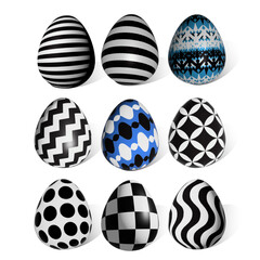 A set of nine 3D-rendered Easter eggs with bold geometric patterns in black, white, and blue. Ideal for Easter decorations, festive designs, packaging, and digital art projects.
