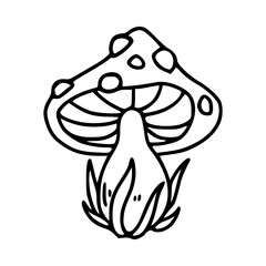 outline drawing of mushroom with grass for coloring pages