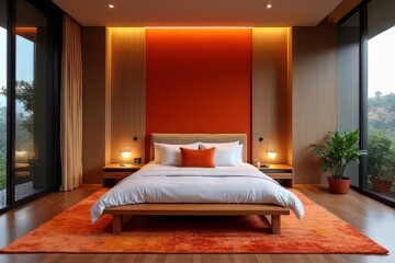 Modern Bedroom with Orange Accent Wall and Wooden Furniture