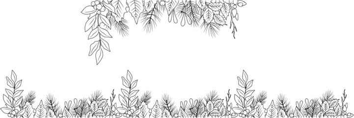Christmas background with line art drawing illustration of poinetsettia, pine, fir branches, holly berries and leaves. Seamless border for cards, banner, overlay. Vector isolated