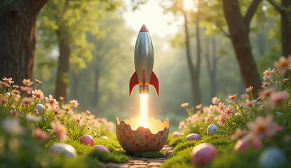 Rocket Blasting Off from a Decorated Egg for Festive Marketing - Futuristic Easter Design