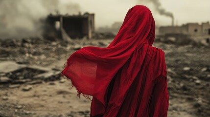 Naklejka premium In the face of destruction, a woman with a red scarf stands resolute, symbolizing courage, resilience, and the unwavering human spirit amid adversity.
