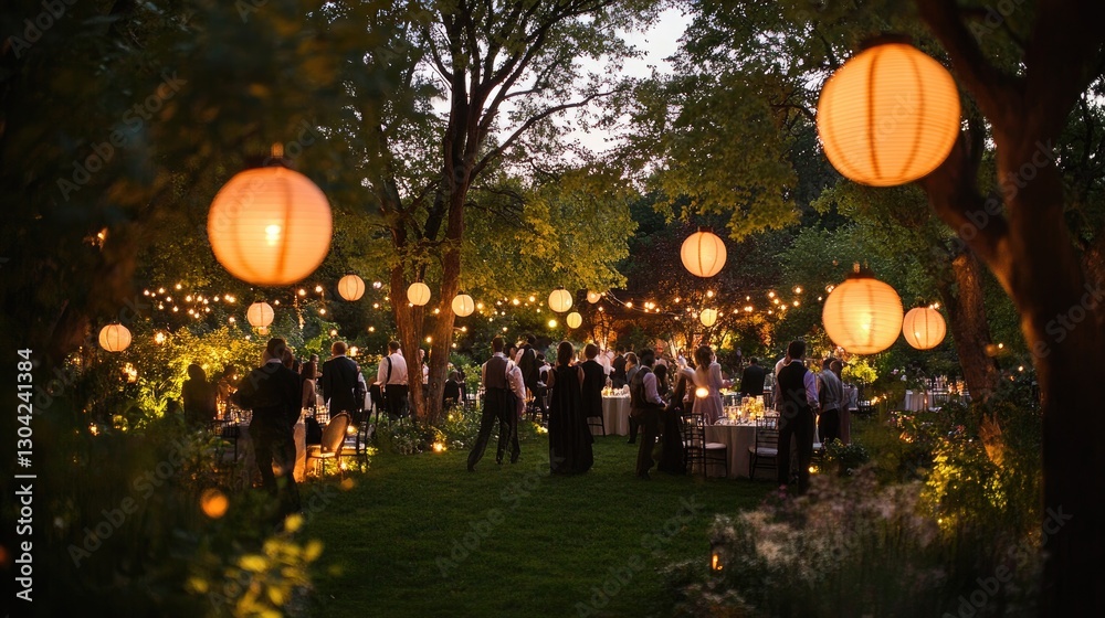 Poster Lanterns softly light up an elegant garden party at twilight, where guests mingle in a serene and picturesque setting, evoking a magical atmosphere of celebration and style