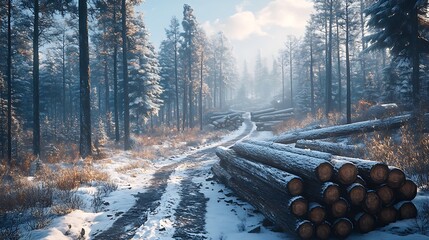 Snowy forest path with stacked logs, sunlight through trees