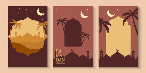 Ramadan Kareem or Eid mubarak poster, holiday cover set. Islamic greeting card, banner template with copy space. Modern design with geometric pattern in trendy warming brown,green, white colors