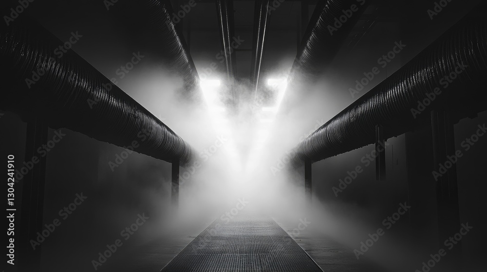 Poster rising through the fog, a symmetrical pair of pipes creates an arresting visual display where indust