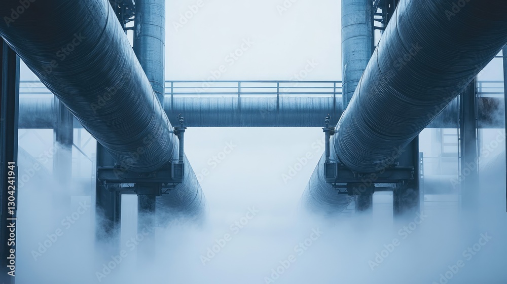 Poster rising through the fog, a symmetrical pair of pipes creates an arresting visual display where indust