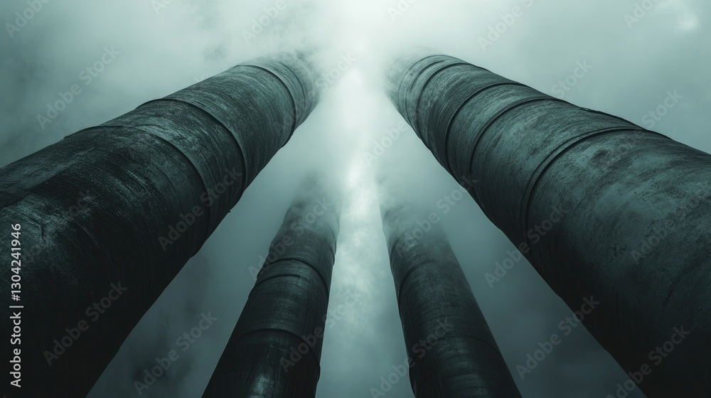 Poster rising through the fog, a symmetrical pair of pipes creates an arresting visual display where indust