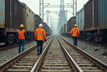 Naklejka premium Railway workers. Three railway workers in orange uniform walking on the railroad.