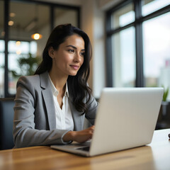 Mujer hispana profesional examinando información en su laptop en la oficina.