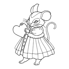 cute mouse with heart line art for coloring pages