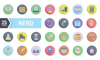 25 Flat Circle Icons Representing Nerd Culture.