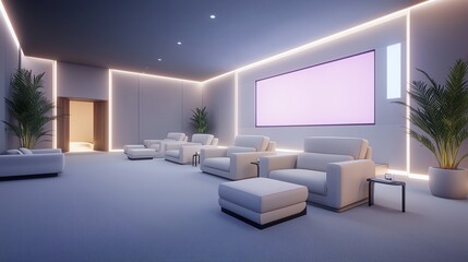 Modern lounge with cozy white sofas, ambient lighting, and large screen. Minimalist design with green plants.