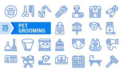 25 Blue Line Icons for Pet Grooming and Care.