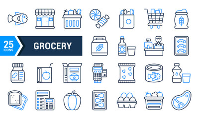 A set of 25 blue and black grocery icons.