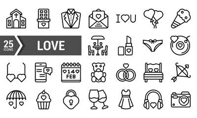 25 Colorful Love Lineal Icons for Valentines Day Designs.