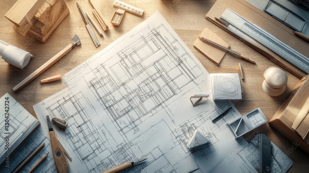 Poster the creative process of an architect, with drafting tools, blueprints, and 3d models scattered acros