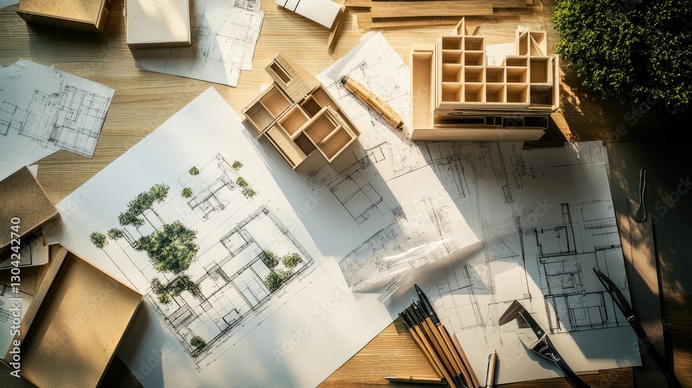 Poster the creative process of an architect, with drafting tools, blueprints, and 3d models scattered acros
