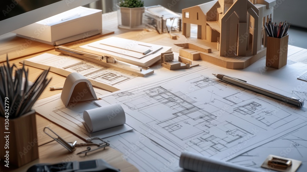 Poster the creative process of an architect, with drafting tools, blueprints, and 3d models scattered acros