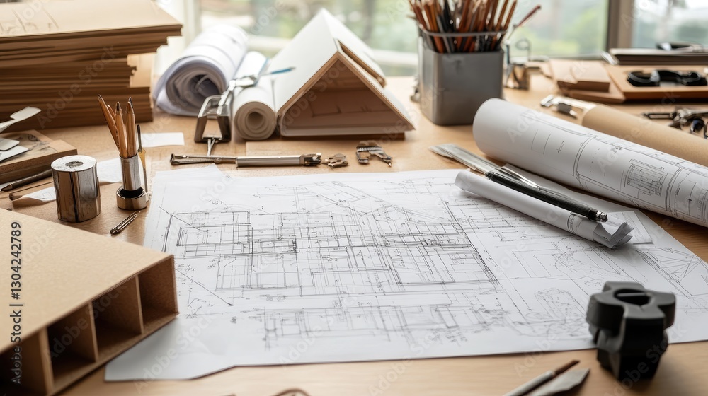 Poster the creative process of an architect, with drafting tools, blueprints, and 3d models scattered acros