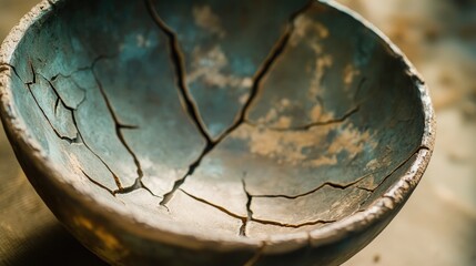 The cracked surface of a clay bowl reflects the delicate artistry and craftsmanship involved in pottery, set against a studio backdrop.