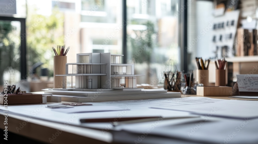 Poster the design and creative process of an architect, with planning tools, architectural models, and sket