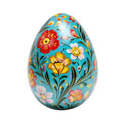 Colorful Hand-Painted Easter Egg with Intricate Floral Designs on a Vibrant Turquoise Background