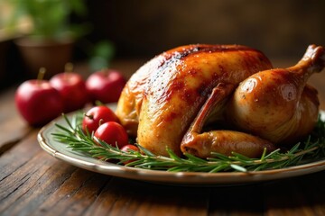 Roasted poultry garnished with rosemary and apples on a rustic table