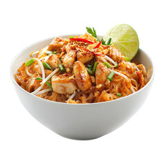 Delicious bowl of stir-fried noodles with chicken, vegetables, peanuts, and lime slice on white background