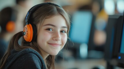 Young student engaged in e learning during computer class in a classroom setting
