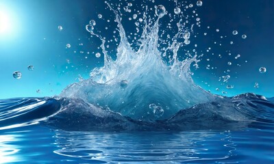 Fototapeta premium This stunning high-definition image captures a dynamic water splash in motion, set against a vivid blue background. Crystal-clear droplets scatter through the air, reflecting light 