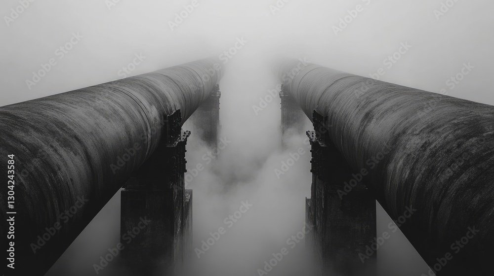 Poster The misty fog swirls around a symmetrical pair of pipes, emphasizing the contrast between hard industrial structures and the ephemeral, otherworldly qualities of the environment